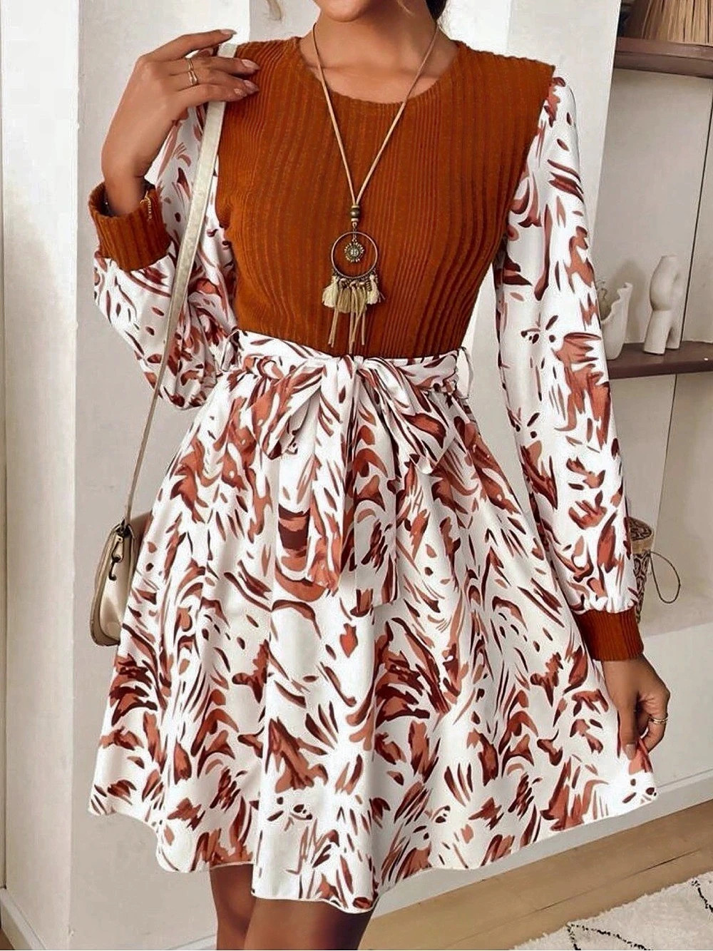 Abstract Print Mini Dress White & Brown Fall Dress